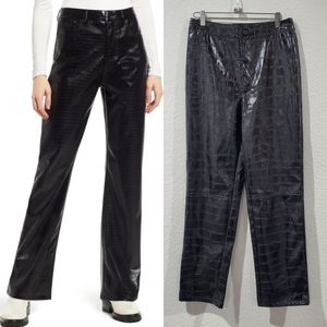 High Rise Straight Leg Croc Embossed Shiny Black Faux Leather Pants. Sz.…
